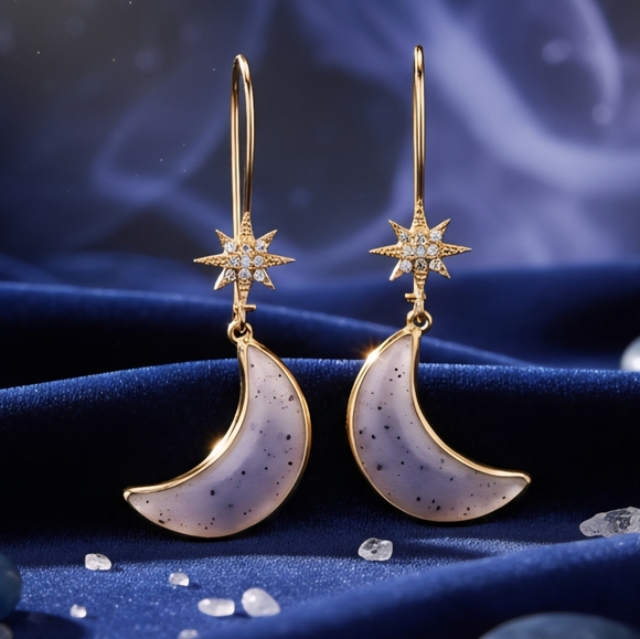 Celestial Dreams: Boho‎ Chic Gold-Tone Star & Moon Trendy Drop Earrings 🌙✨ - Picture 14 of 16